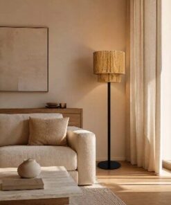 Lampadaire Bohème avec Abat-jour en Jute Naturel & Métal Noir – H140 cm