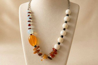 Collier artisanal Harmonie Contrastée pierre de lune ambre Collier artisanal Harmonie Contrastée en pierre de lune et ambre